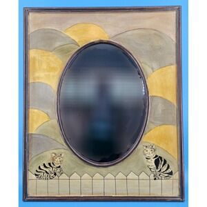 Vtg Folk Art Framed Mirror w/ Hand Painted Cats on Fence Hills 27x33" Wood Heavy